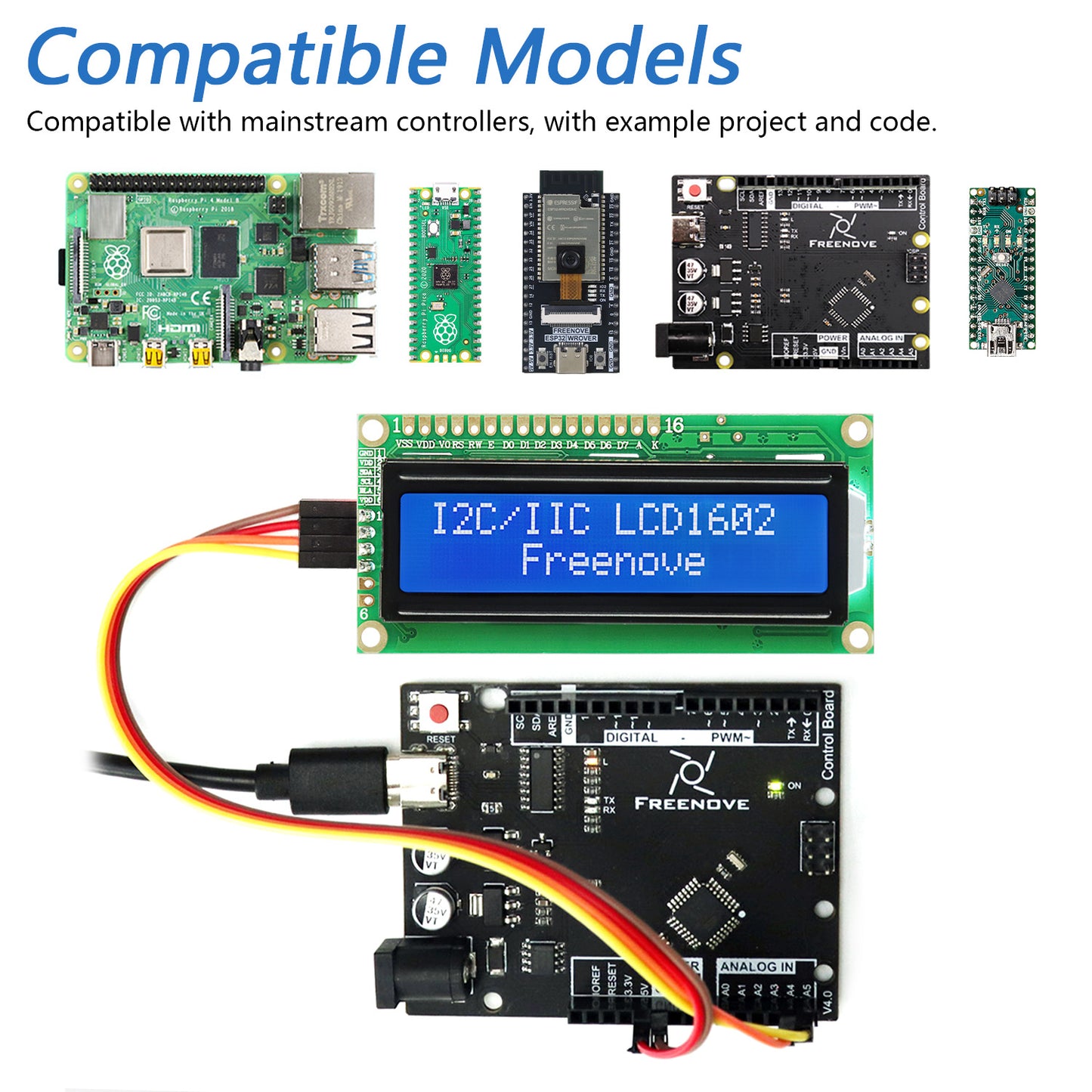 Freenove I2C IIC LCD 1602 2004 Display for Arduino Nano Raspberry Pi Pico ESP32 Breadboard, Serial Screen