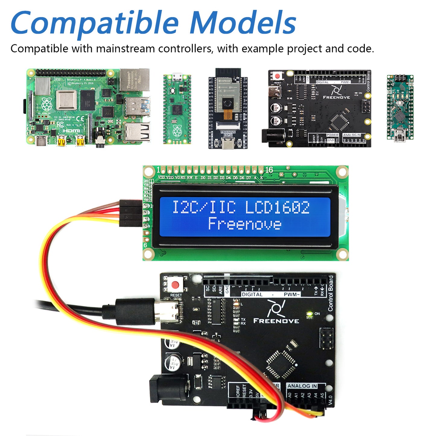 Freenove I2C IIC LCD 1602 2004 Display for Arduino Nano Raspberry Pi Pico ESP32 Development Board, Serial Screen