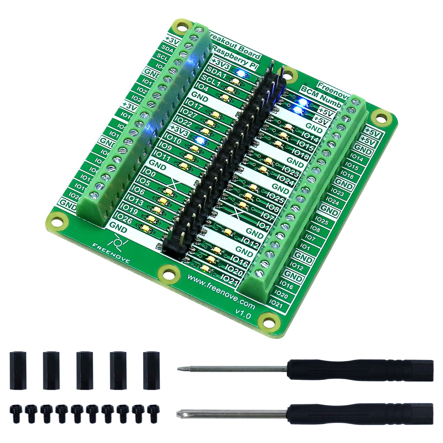 Freenove Breakout Board for Raspberry Pi 5 4 B 3 B+ Zero 2 W HAT, Terminal Block Shield with Pin Header, GPIO Status LED