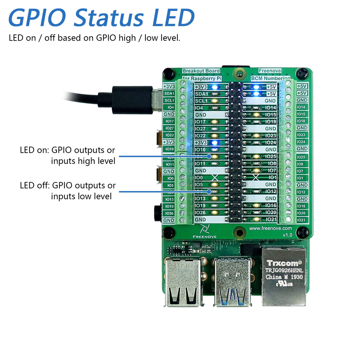 Freenove Breakout Board for Raspberry Pi 5 4 B 3 B+ Zero 2 W HAT, Terminal Block Shield with Pin Header, GPIO Status LED