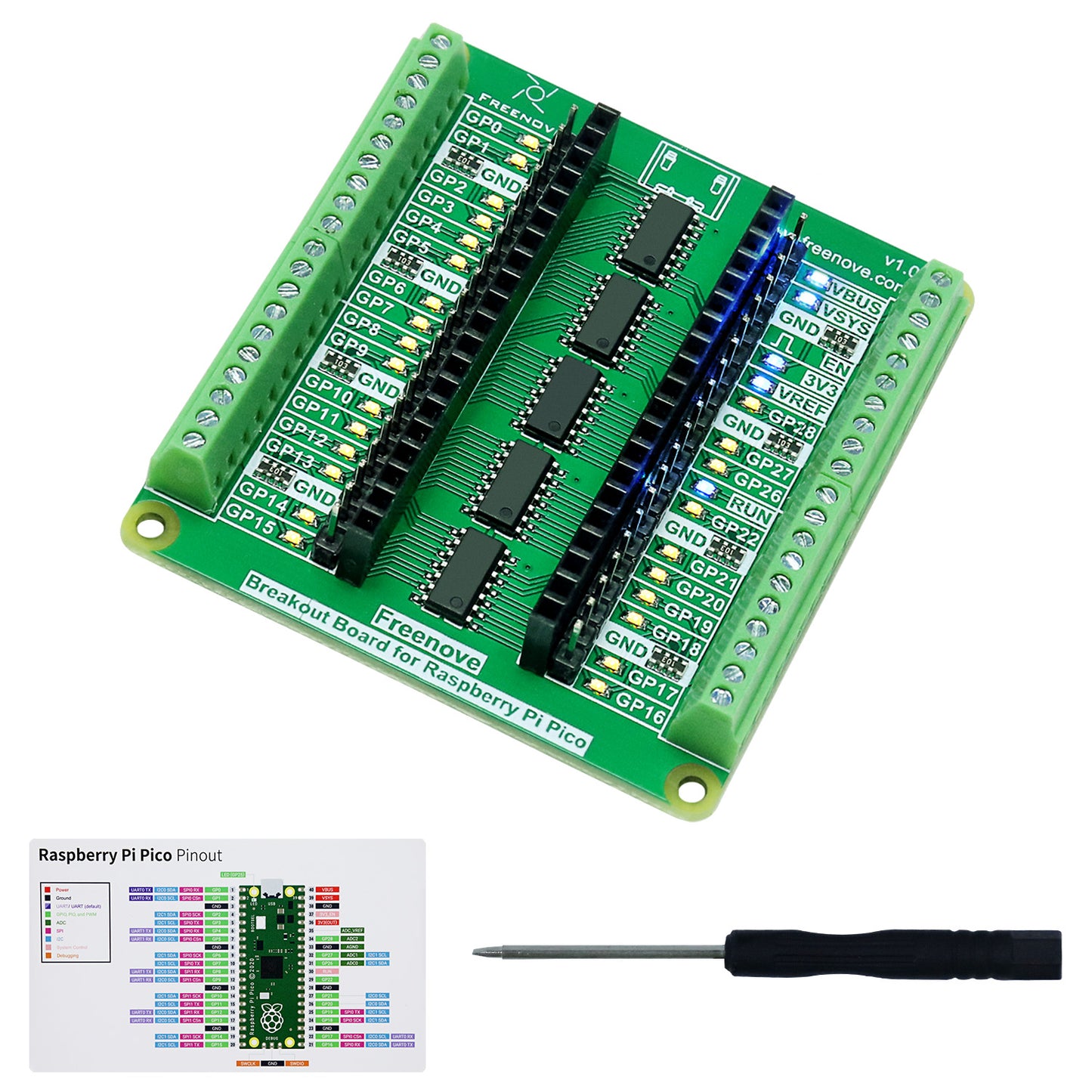 Freenove Breakout Board for Raspberry Pi Pico 1 2 W 2W H WH HAT, Terminal Block Shield with Pin Header, GPIO Status LED