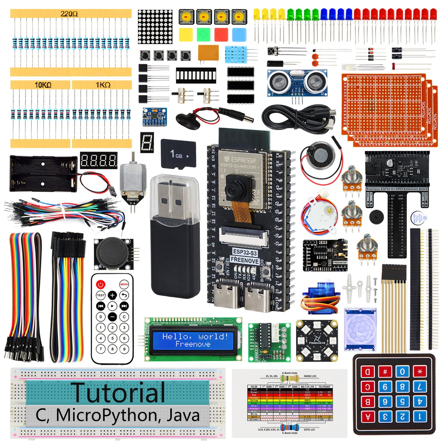 Freenove ESP32 DEV ESP32-S3 CAM Ultimate Starter Kit, USB-OTG Camera Wi-Fi Bluetooth, 240 MHz 32-bit Dual-core, Python C Java Code, 828-Page Tutorial, 121 Projects, 243 Items