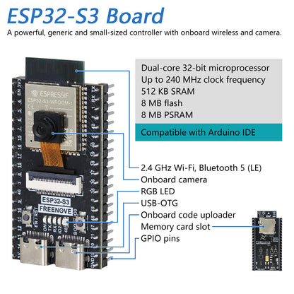 Freenove ESP32 DEV ESP32-S3 CAM Super Starter Kit, USB-OTG Camera Wi-Fi Bluetooth, 240 MHz 32-bit Dual-core, Python C Code, 584-Page Detailed Tutorial, 81 Projects, 176 Items