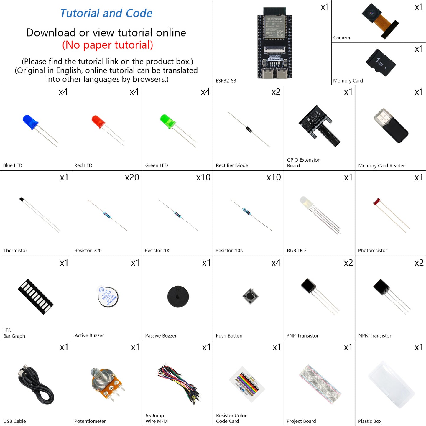 Freenove ESP32 DEV ESP32-S3 CAM Basic Starter Kit, USB-OTG Camera Wi-Fi Bluetooth, 240 MHz 32-bit Dual-core, Python C Code, 463-Page Detailed Tutorial, 60 Projects, 144 Items