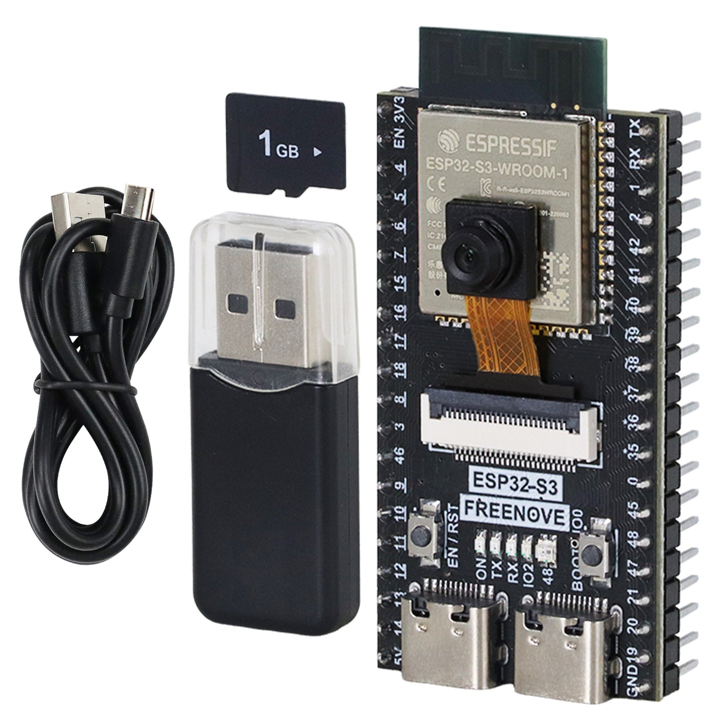 Freenove ESP32 DEV ESP32-S3 CAM Board Kit 1GB Card, USB-OTG Camera Wi-Fi Bluetooth, 240 MHz 32-bit Dual-core Microcontroller, Python C Code, Example Tutorial