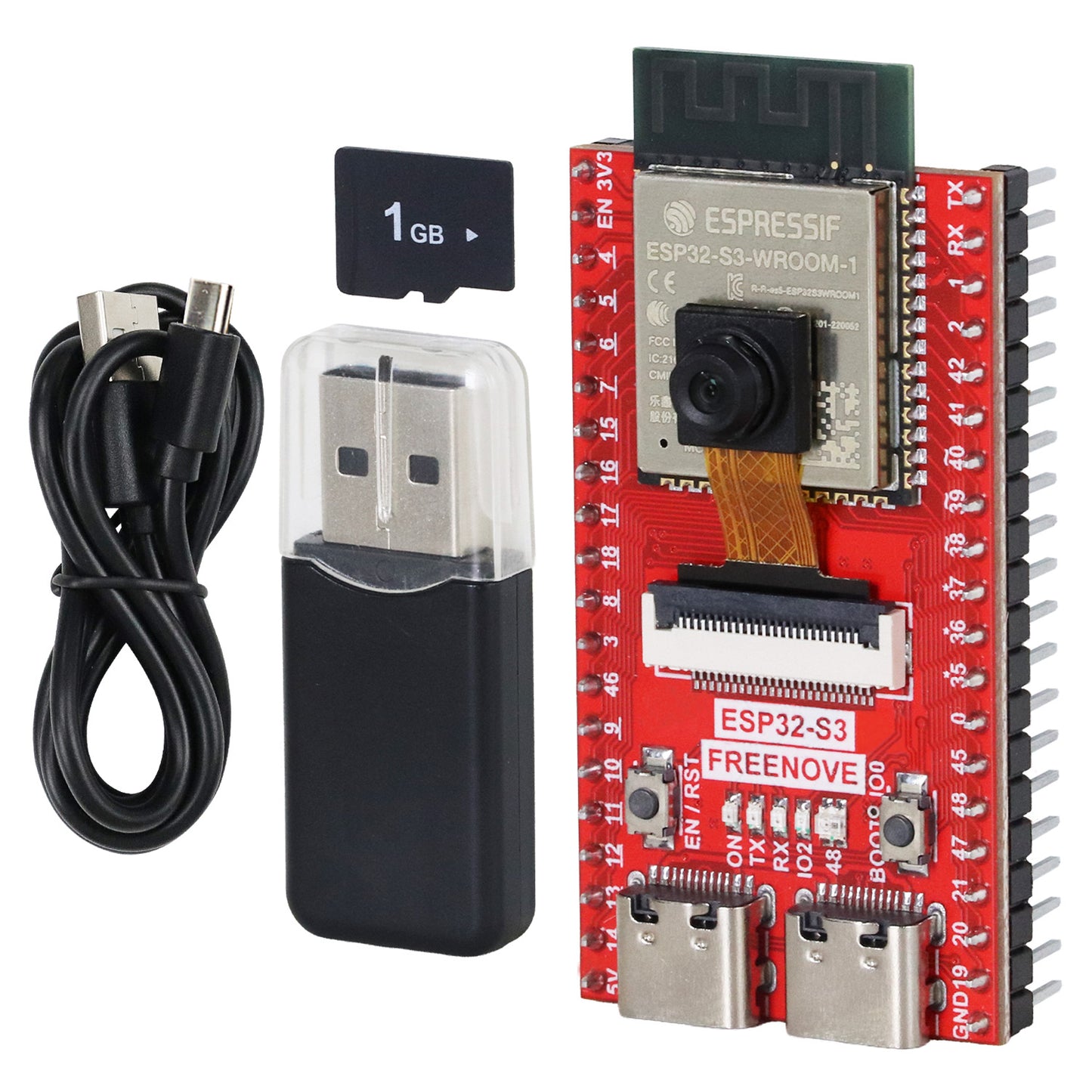 Freenove ESP32 DEV ESP32-S3 CAM Board Kit 1GB Card, USB-OTG Camera Wi-Fi Bluetooth, 240 MHz 32-bit Dual-core Microcontroller, Python C Code, Example Tutorial