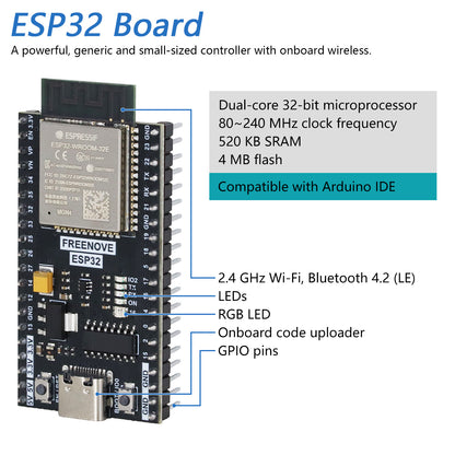Freenove ESP32 DEV ESP32 Development Board Kit, Onboard Wi-Fi Bluetooth, 240 MHz 32-bit Dual-core Microcontroller, Python C Code, Example Projects Tutorial