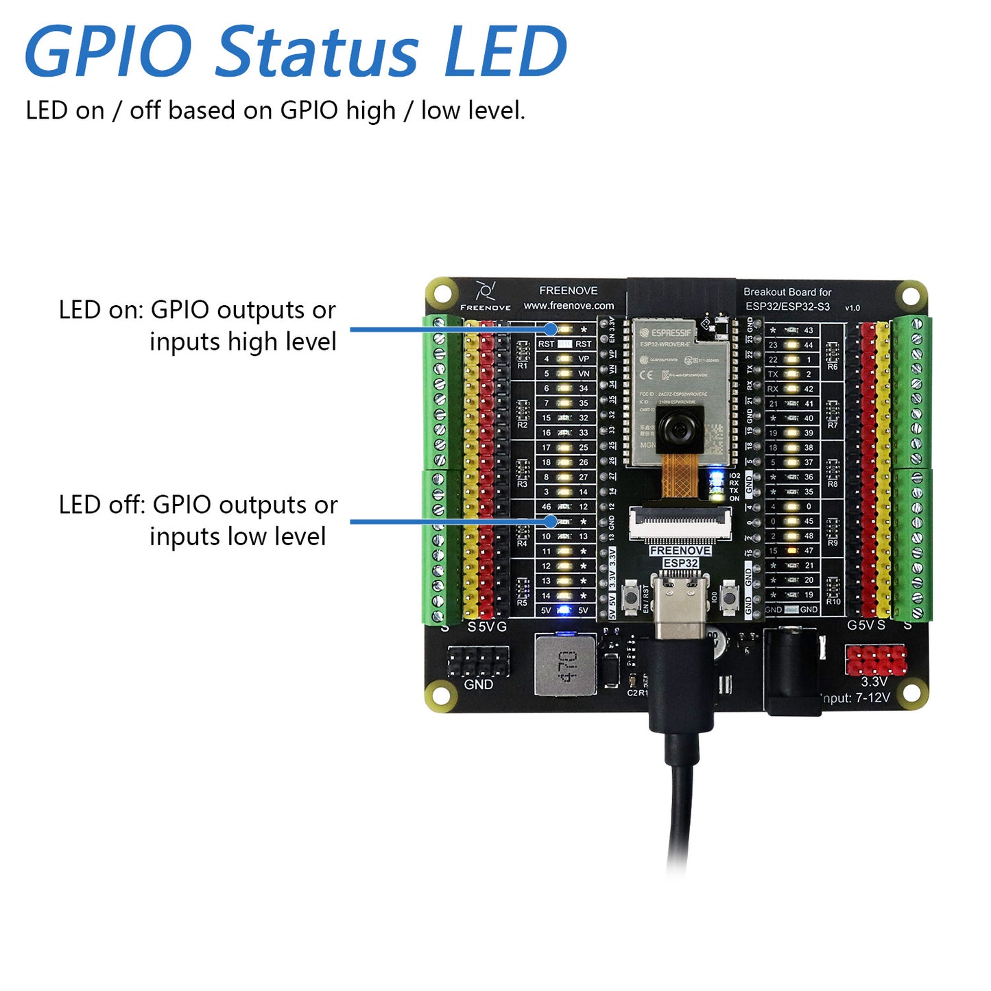 Freenove Breakout Board for ESP32 ESP32-S3, Terminal Block Shield HAT with Pin Header, GPIO Status LED, Multiple 5V 3.3V Power Outputs