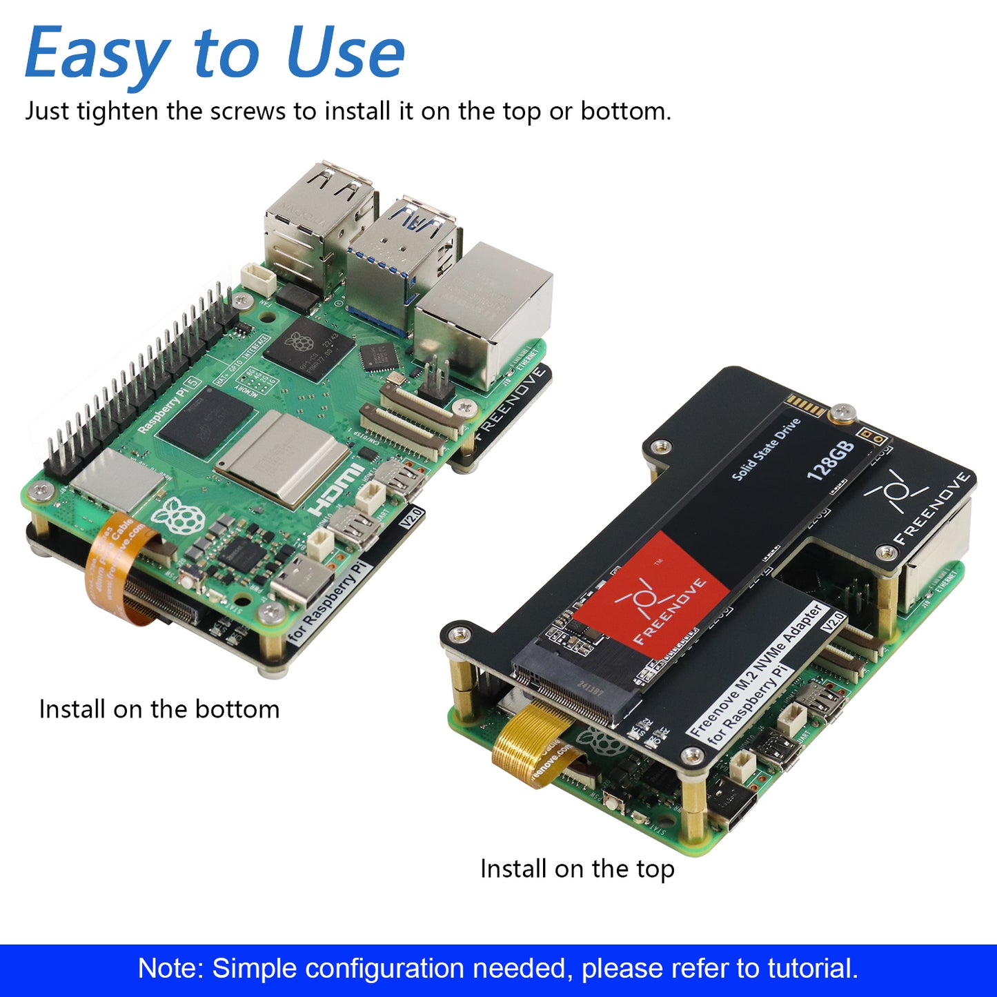 Freenove M.2 NVMe Adapter V2 for Raspberry Pi 5 with 128GB 256GB 512GB SSD, M.2 HAT Add-on Board, Solid State Drive, PCIe 2.0 / 3.0