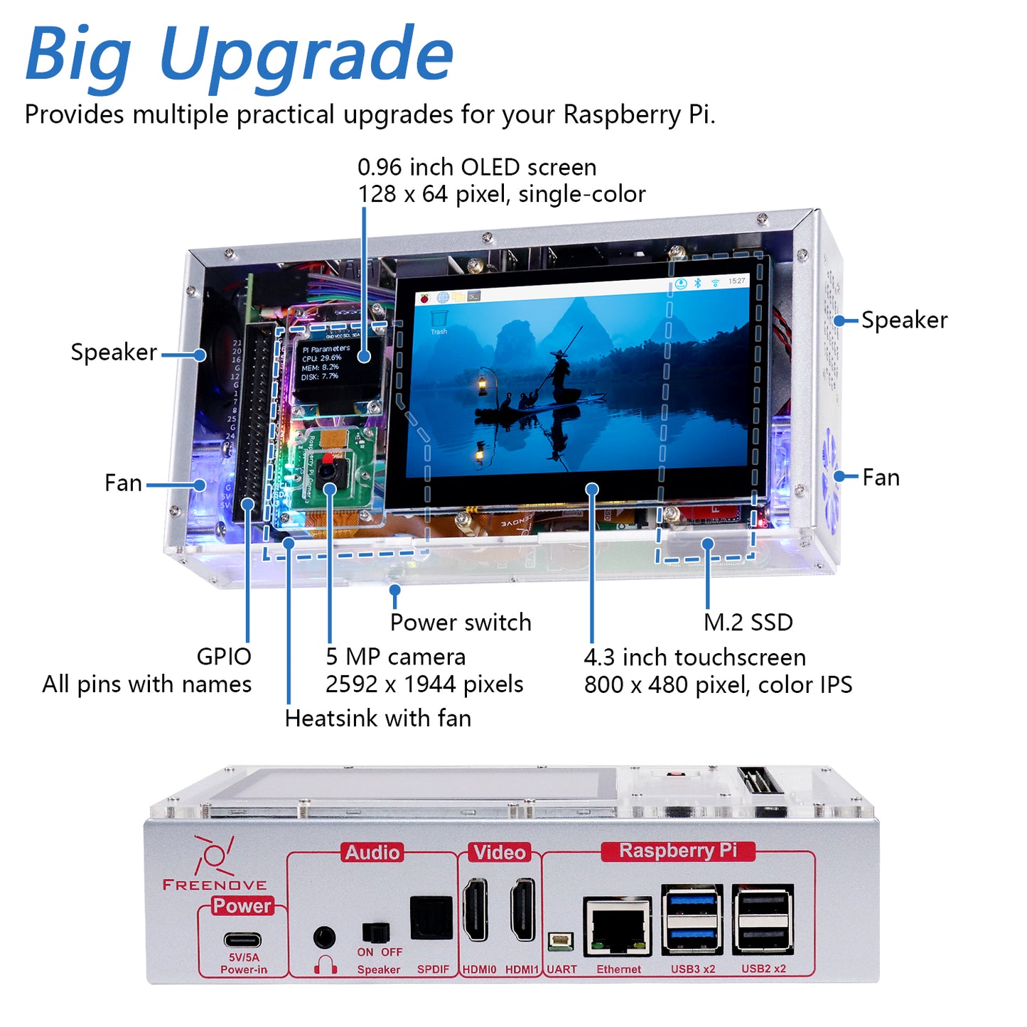 Freenove Computer Case Kit for Raspberry Pi 5 with M.2 SSD 4.3 Inch Touchscreen 5 MP Camera