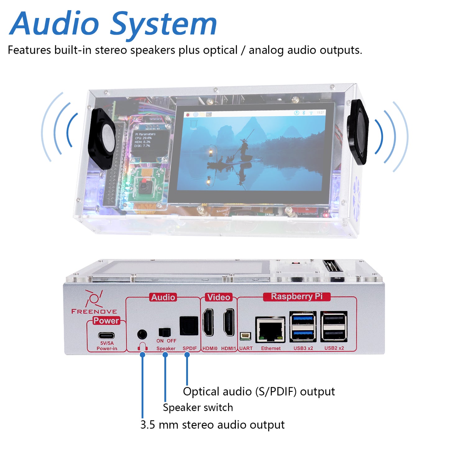 Freenove Computer Case Kit for Raspberry Pi 5 with M.2 SSD 4.3 Inch Touchscreen 5 MP Camera