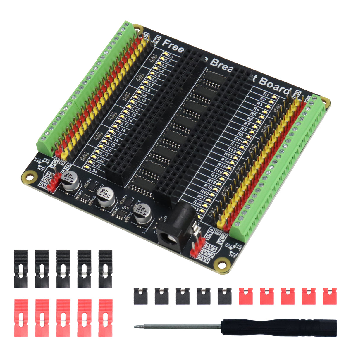 Freenove Universal Breakout Board for Arduino Nano Raspberry Pi Pico ESP32 Shield HAT, GPIO Status LED, Switchable 5 V 3.3 V Power Outputs
