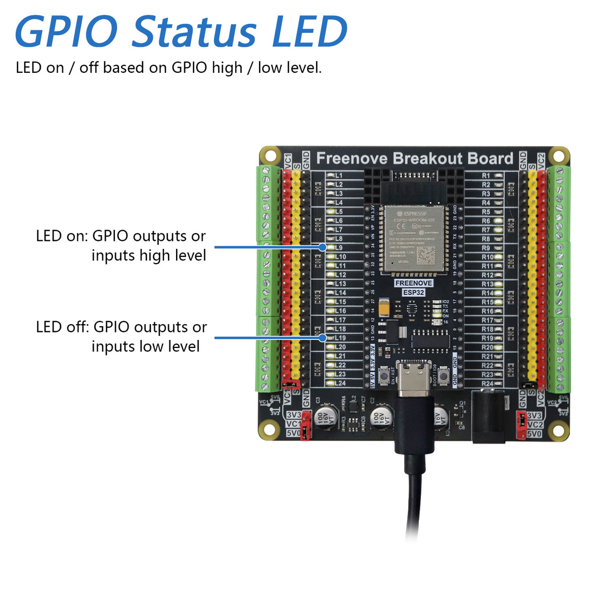 Freenove Universal Breakout Board for Arduino Nano Raspberry Pi Pico ESP32 Shield HAT, GPIO Status LED, Switchable 5 V 3.3 V Power Outputs
