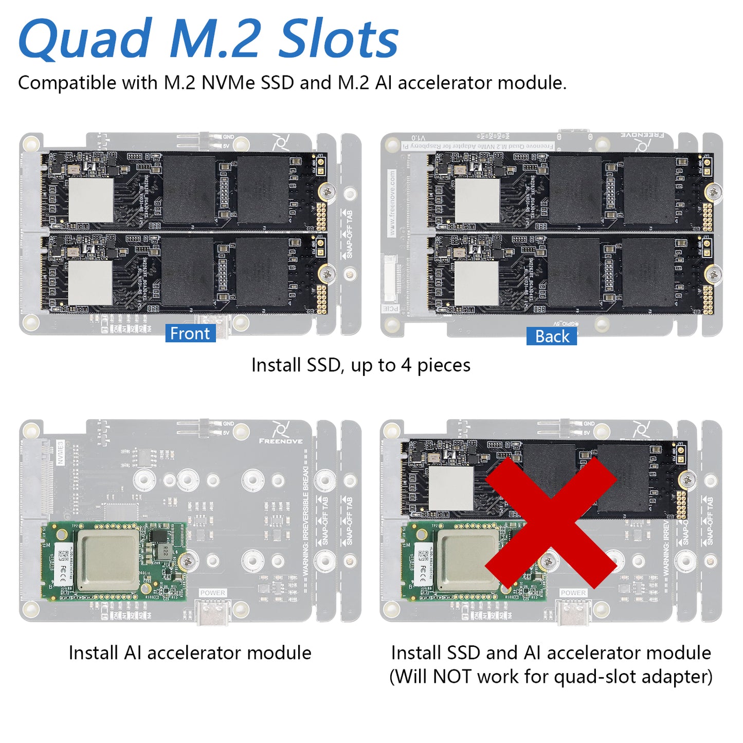 Freenove Quad / Dual M.2 NVMe Adapter for Raspberry Pi 5, SSD HAT AI HAT 4 / 2 Slots NAS RAID Kit, Solid State Drive Size 2230 2242 2260 2280, PCIe 2.0 Max Speed 500 MB/s