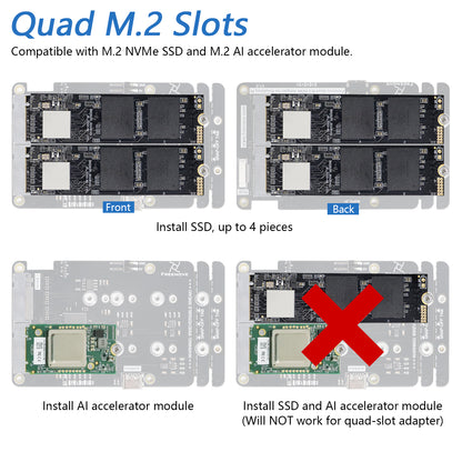 Freenove Quad / Dual M.2 NVMe Adapter for Raspberry Pi 5, SSD HAT AI HAT 4 / 2 Slots NAS RAID Kit, Solid State Drive Size 2230 2242 2260 2280, PCIe 2.0 Max Speed 500 MB/s