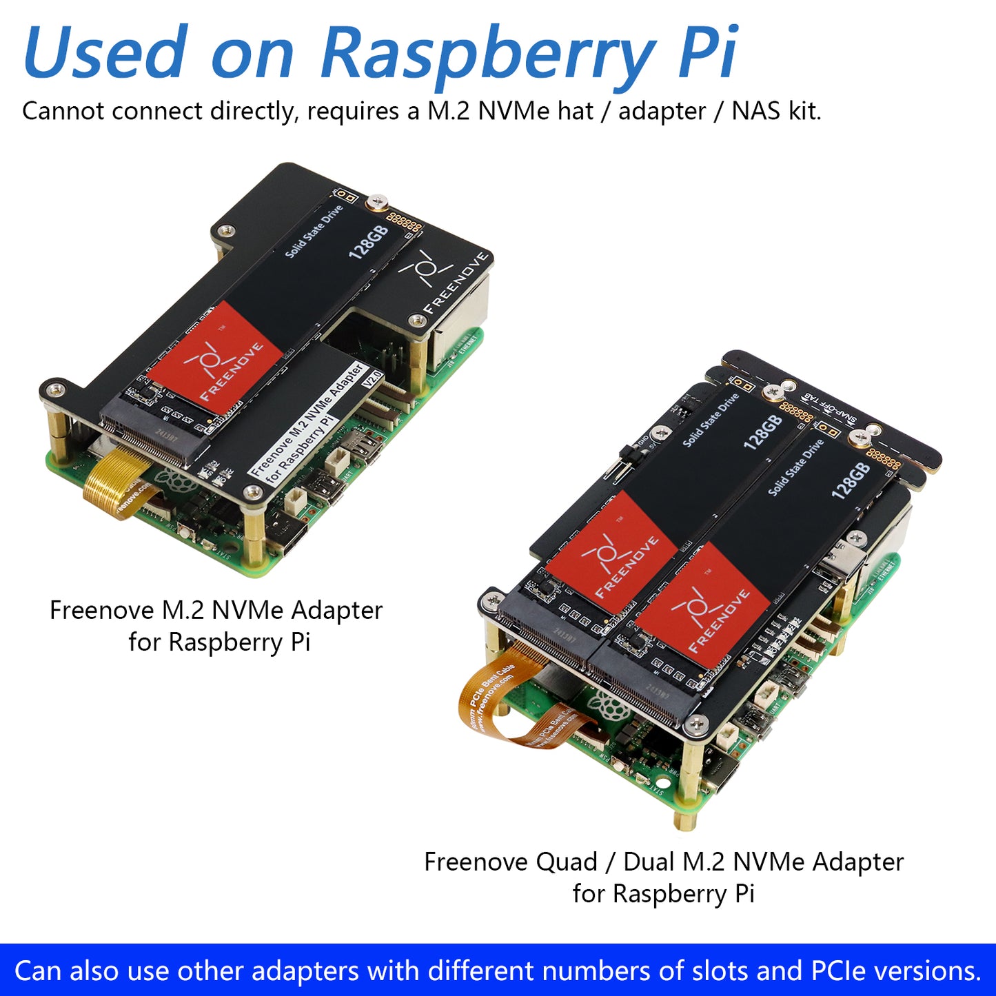 Freenove 128GB 256GB 512GB 1TB M.2 NVMe SSD for Raspberry Pi 5 HAT Adapter NAS Kit, Solid State Drive, Size 2280, PCIe 2.0 / 3.0