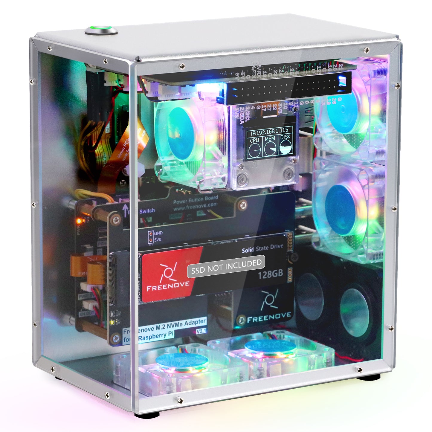 Freenove Raspberry Pi 5 Case Kit Pro, 1/2 M.2 NVMe SSD Slots, 5 PWM ARGB Fans, 0.96" OLED Screen, Stereo Speakers, 3.5 mm Audio