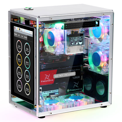 Freenove Raspberry Pi 5 Case Kit Pro, 2/4 M.2 NVMe SSD Slots, 5 PWM ARGB Fans, 4.3" Touchscreen, Stereo Speakers, 3.5 mm Audio