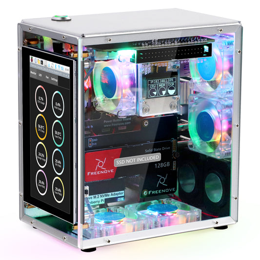 Freenove Raspberry Pi 5 Case Kit Pro, 2/4 M.2 NVMe SSD Slots, 5 PWM ARGB Fans, 4.3" Touchscreen, Stereo Speakers, 3.5 mm Audio