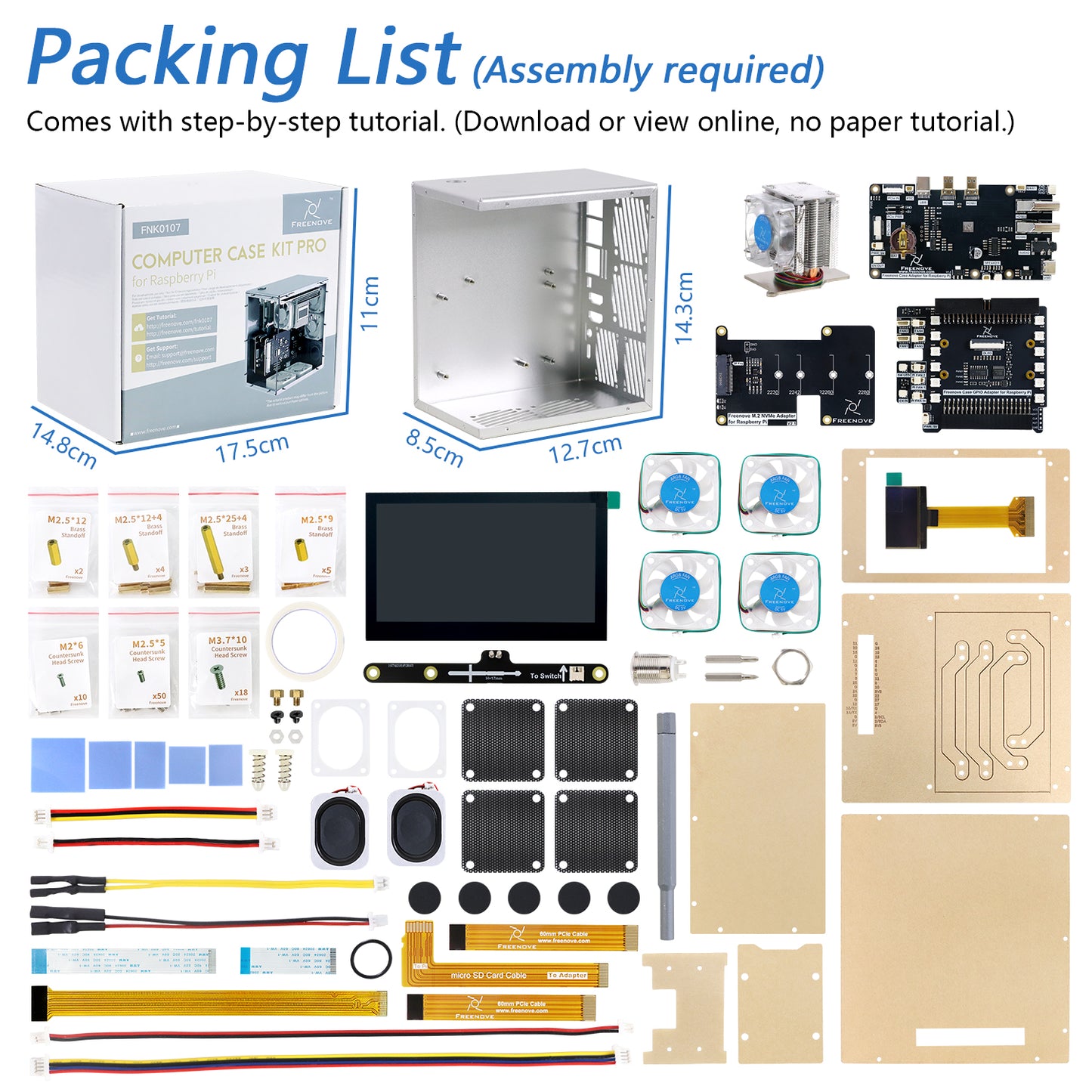 Freenove Raspberry Pi 5 Case Kit Pro, 2/4 M.2 NVMe SSD Slots, 5 PWM ARGB Fans, 4.3" Touchscreen, Stereo Speakers, 3.5 mm Audio