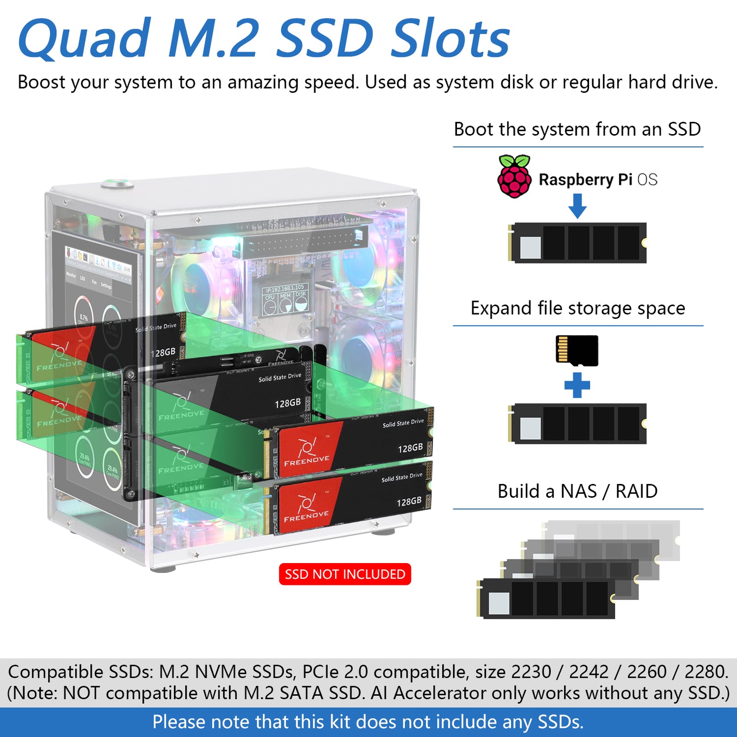 Freenove Raspberry Pi 5 Case Kit Pro, 2/4 M.2 NVMe SSD Slots, 5 PWM ARGB Fans, 4.3" Touchscreen, Stereo Speakers, 3.5 mm Audio