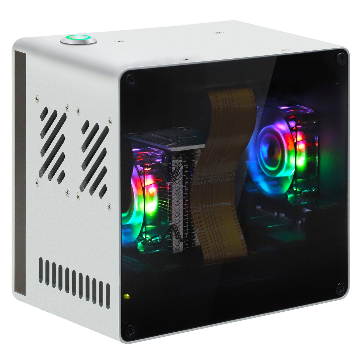 Freenove Raspberry Pi 5 Mini Case, 2/4 M.2 NVMe SSD Slots, PWM ARGB Fans Light Sync, Stereo Speakers, 3.5 mm and Optical Audio