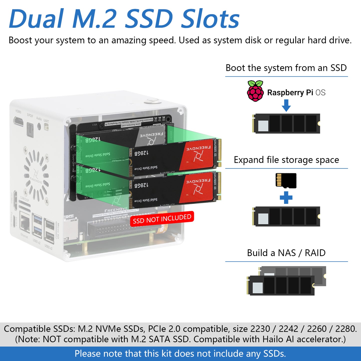 Freenove Raspberry Pi 5 Mini Case, 2/4 M.2 NVMe SSD Slots, PWM ARGB Fans Light Sync, Stereo Speakers, 3.5 mm and Optical Audio