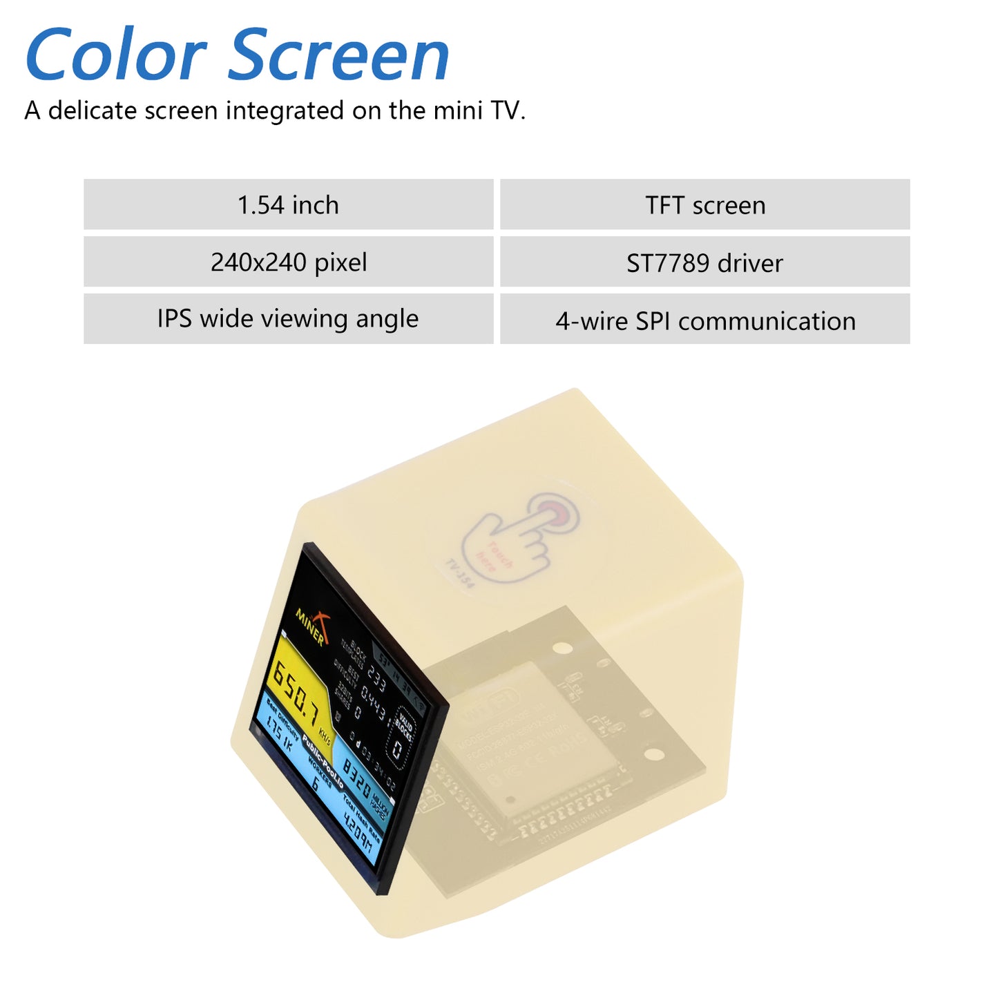 Freenove Bitcoin Miner Mini ESP32 TV, 1.54" Display 240x240 IPS Screen Dual-core 32-bit 240 MHz Controller WiFi+BT Touch Button