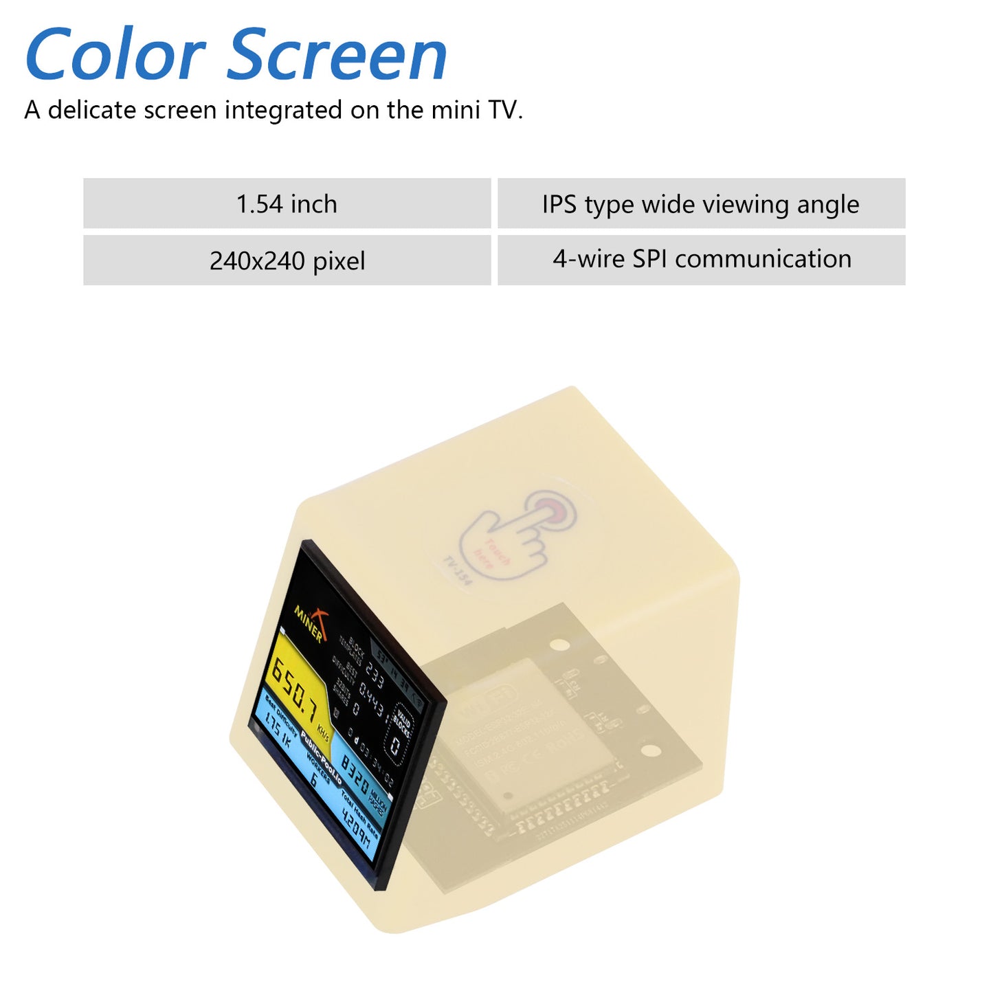 Freenove ESP32 Display CYD Wi-Fi Bluetooth Bitcoin Miner Desktop TV Clock, 1.54" IPS Screen, Touch Button, Dual-core 32-bit 240 MHz, Tutorial