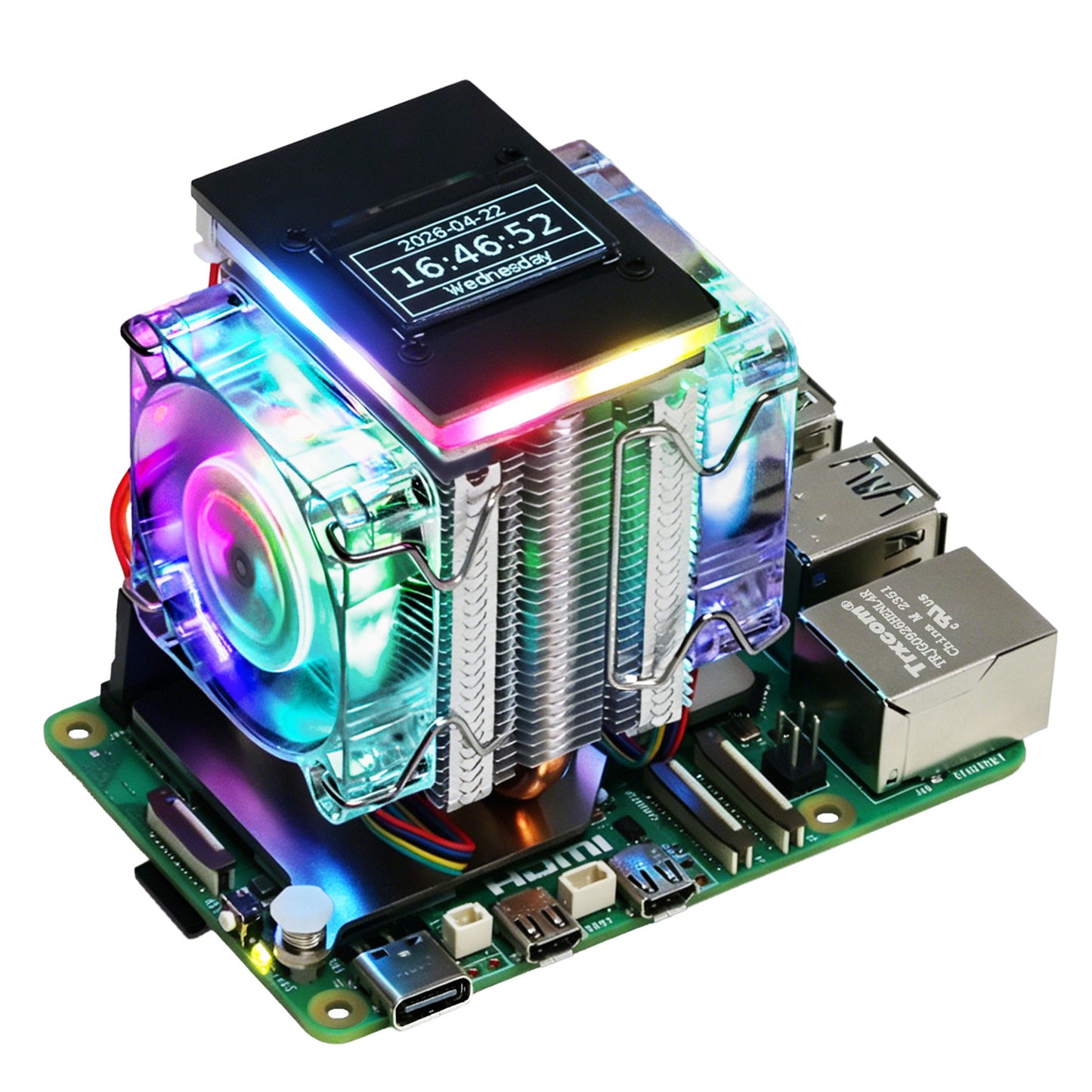 Freenove Active Cooler for Raspberry Pi 5 Heatsink, 1 / 2 PWM Fans ARGB Light Sync, OLED Screen, Multiple Cooling Lighting Modes