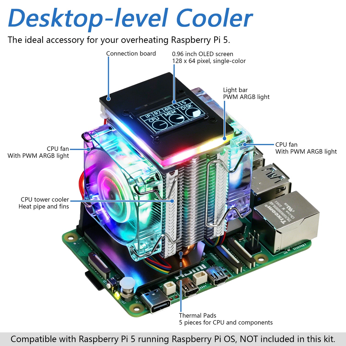 Freenove Active Cooler for Raspberry Pi 5 Heatsink, 1 / 2 PWM Fans ARGB Light Sync, OLED Screen, Multiple Cooling Lighting Modes