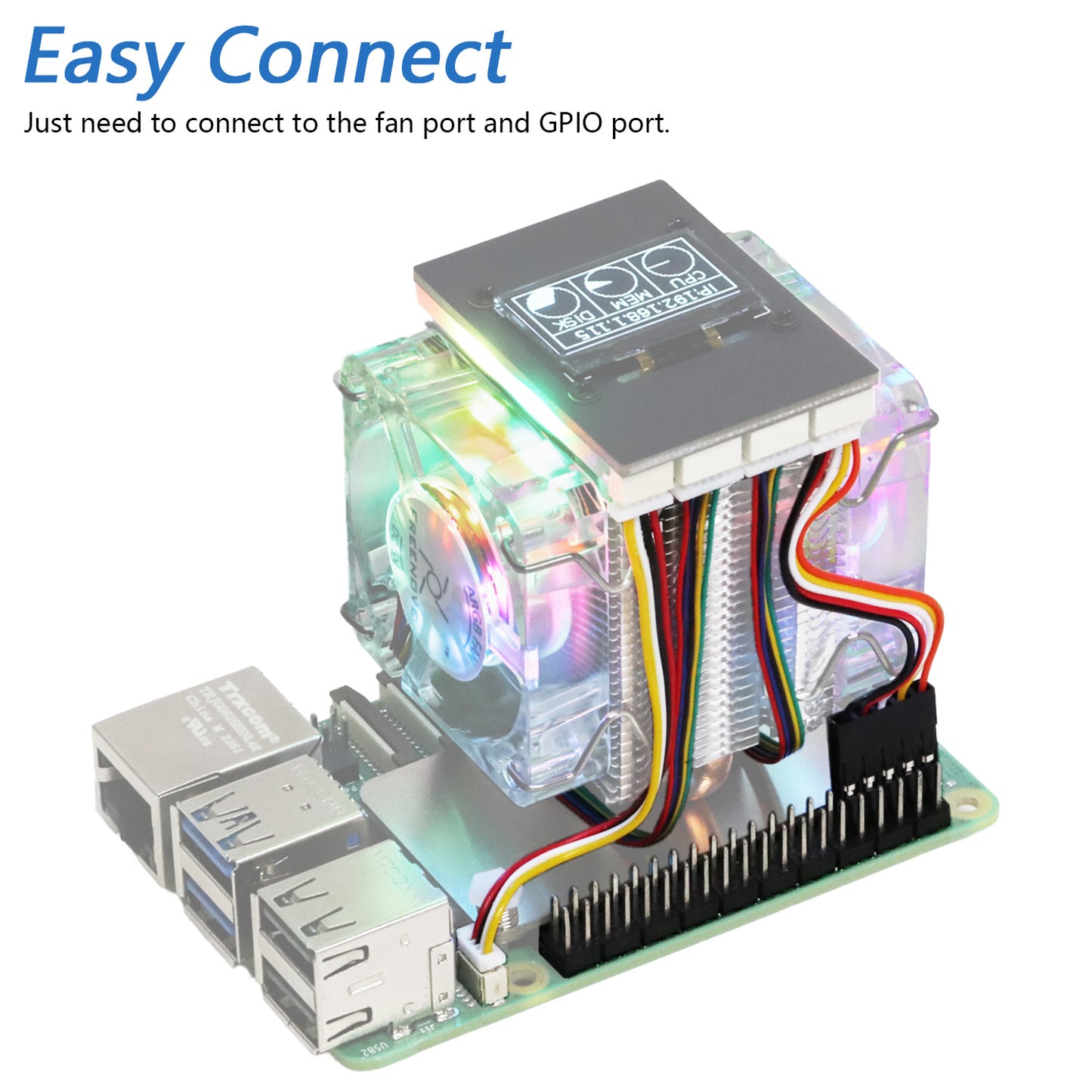 Freenove Active Cooler for Raspberry Pi 5 Heatsink, 1 / 2 PWM Fans ARGB Light Sync, OLED Screen, Multiple Cooling Lighting Modes