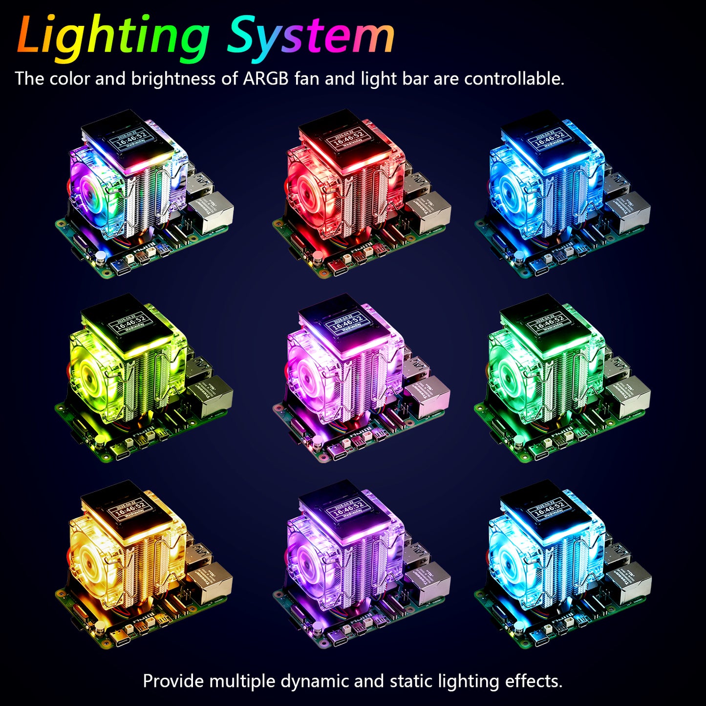 Freenove Active Cooler for Raspberry Pi 5 Heatsink, 1 / 2 PWM Fans ARGB Light Sync, OLED Screen, Multiple Cooling Lighting Modes