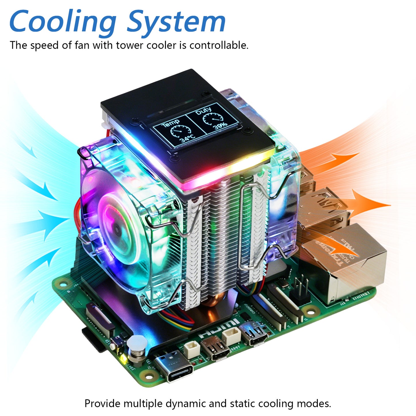 Freenove Active Cooler for Raspberry Pi 5 Heatsink, 1 / 2 PWM Fans ARGB Light Sync, OLED Screen, Multiple Cooling Lighting Modes