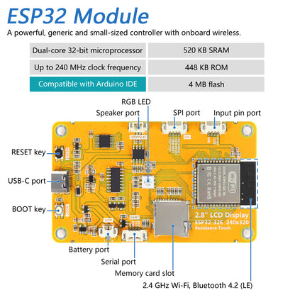 Freenove ESP32 Touch Display CYD WiFi BT, 2.4 2.8 3.2 3.5 4.0 Inch Touchscreen, Dual-core 32-bit 240 MHz, Code LVGL Example Tutorial