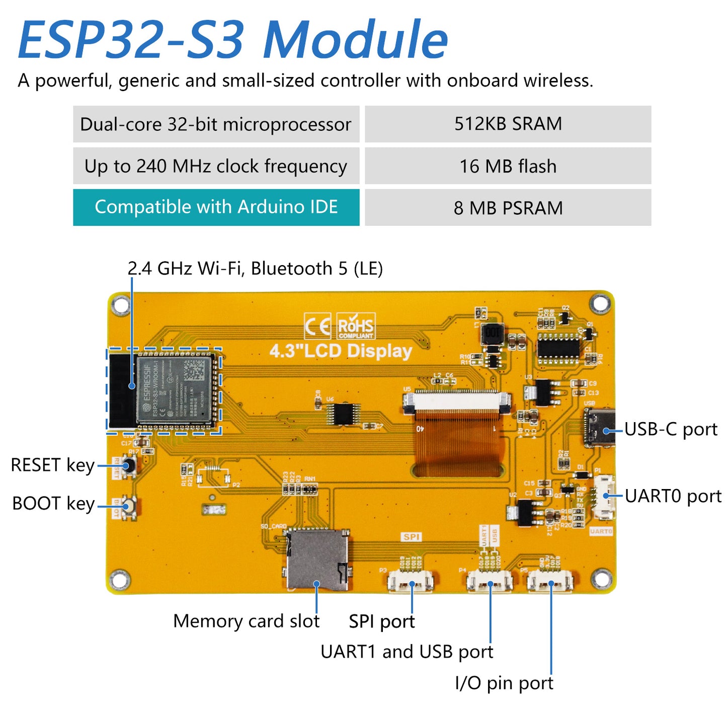 Freenove ESP32 S3 Touch Display CYD WiFi BT, 4.3 5.0 Inch Touchscreen, Dual-core 32-bit 240 MHz, Code Example Projects Tutorial